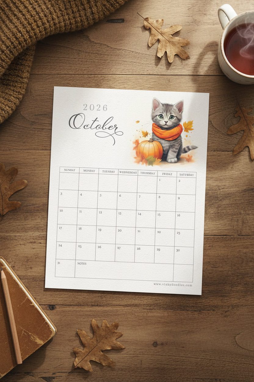 2026 October calendar with a kitten and pumpkin illustration