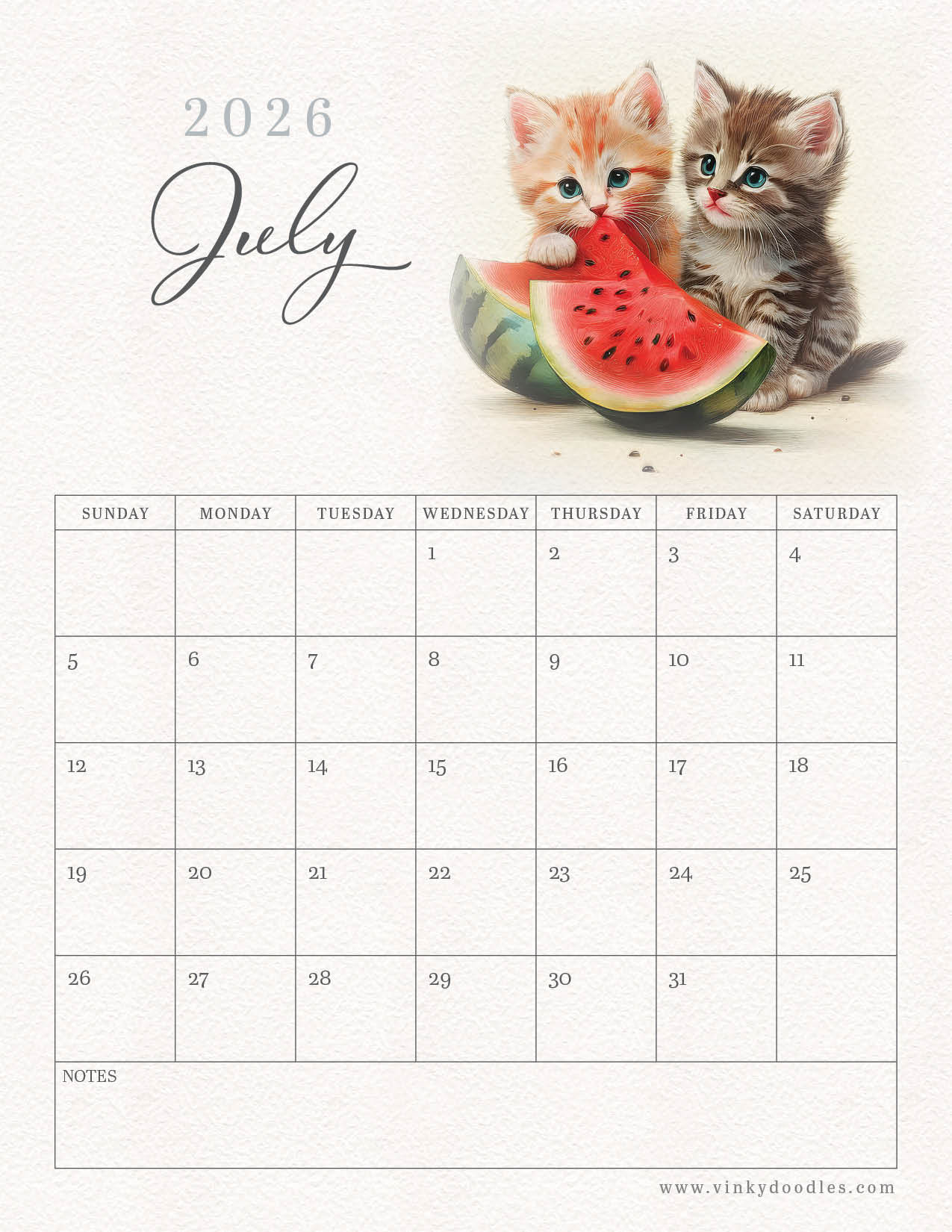 Free kitten monthly calender - July 2026 - Free when added to cart