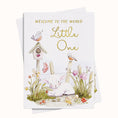 Load image into Gallery viewer, Greeting card with a baby rabbit, birds, and flowers, featuring the text 'Welcome to the World Little One'.
