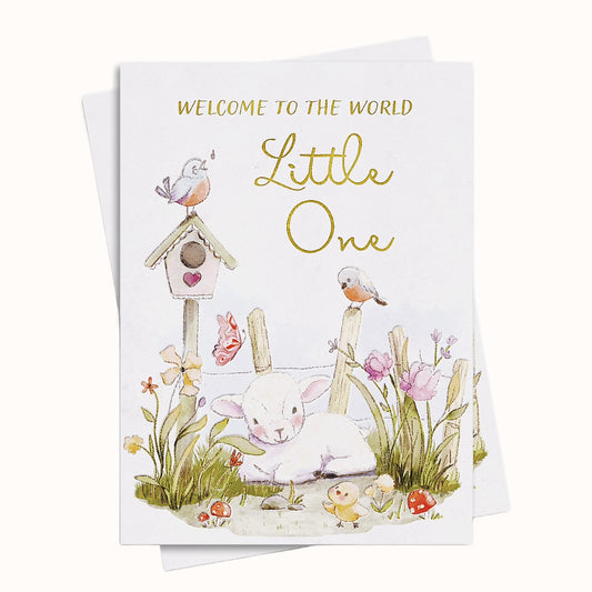 Greeting card with a baby rabbit, birds, and flowers, featuring the text 'Welcome to the World Little One'.