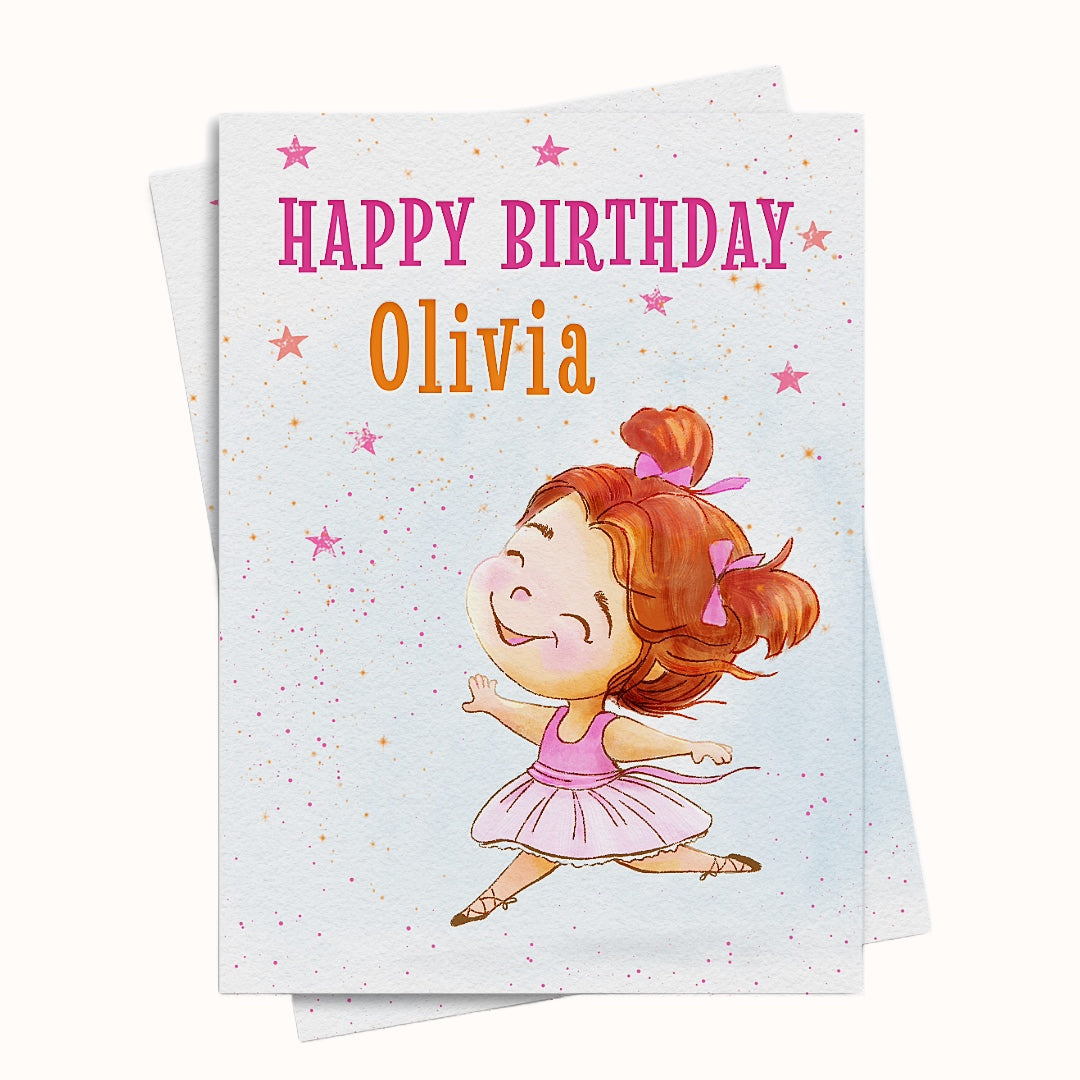 Birthday card with a girl in a ballet outfit and 'Happy Birthday Olivia' text on a light blue background.