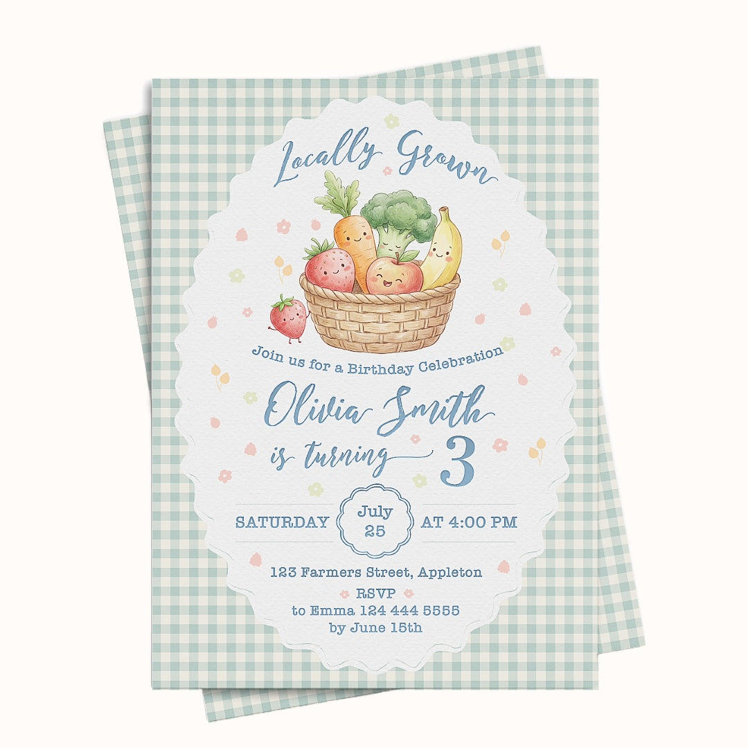 Invitation card with cartoon fruits and vegetables on a checkered background