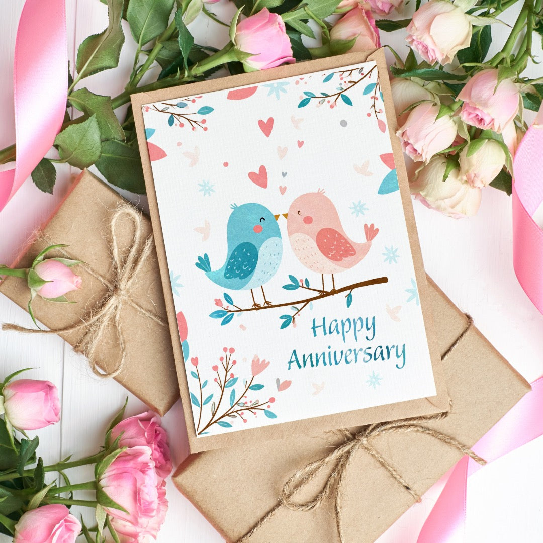 Happy anniversary printable card with cute birds and hearts