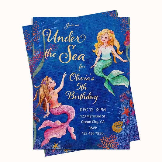 Mermaid-themed birthday invitations with ocean design and text.