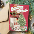 Load image into Gallery viewer, Printable Christmas card with a fireplace, tree, and presents on a red background
