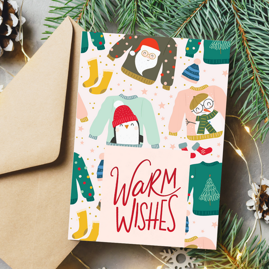 Christmas card with penguins and text 'Warm Wishes' surrounded by festive decorations and ugly sweaters
