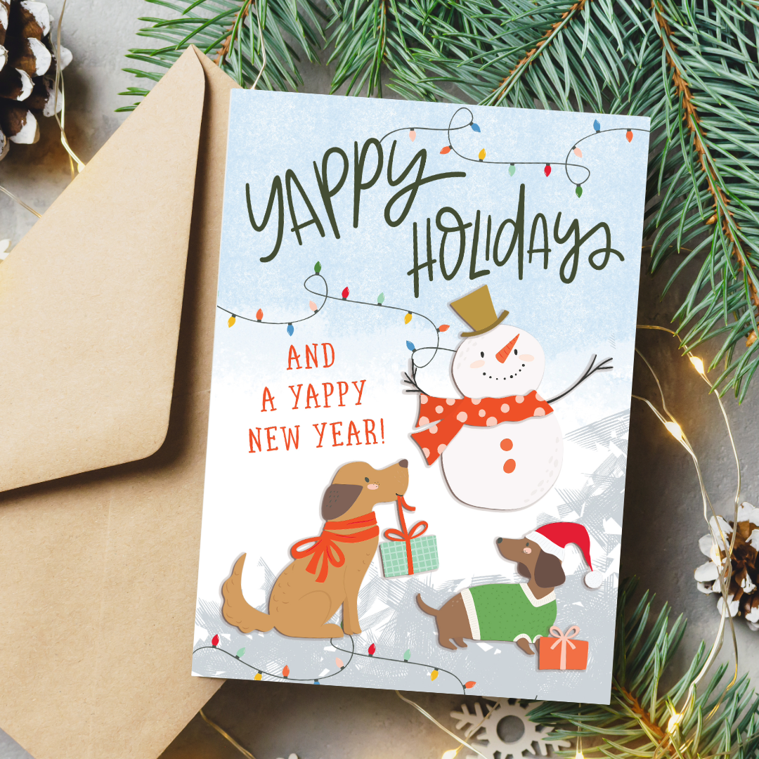 Holiday card with snowman and dogs surrounded by Christmas decorations