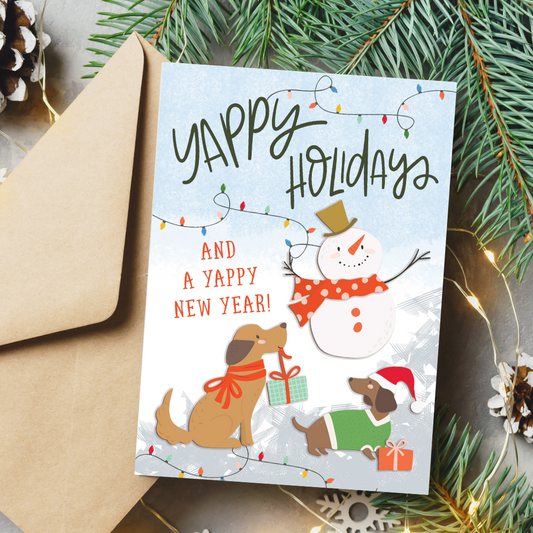 Holiday card with snowman and dogs surrounded by Christmas decorations