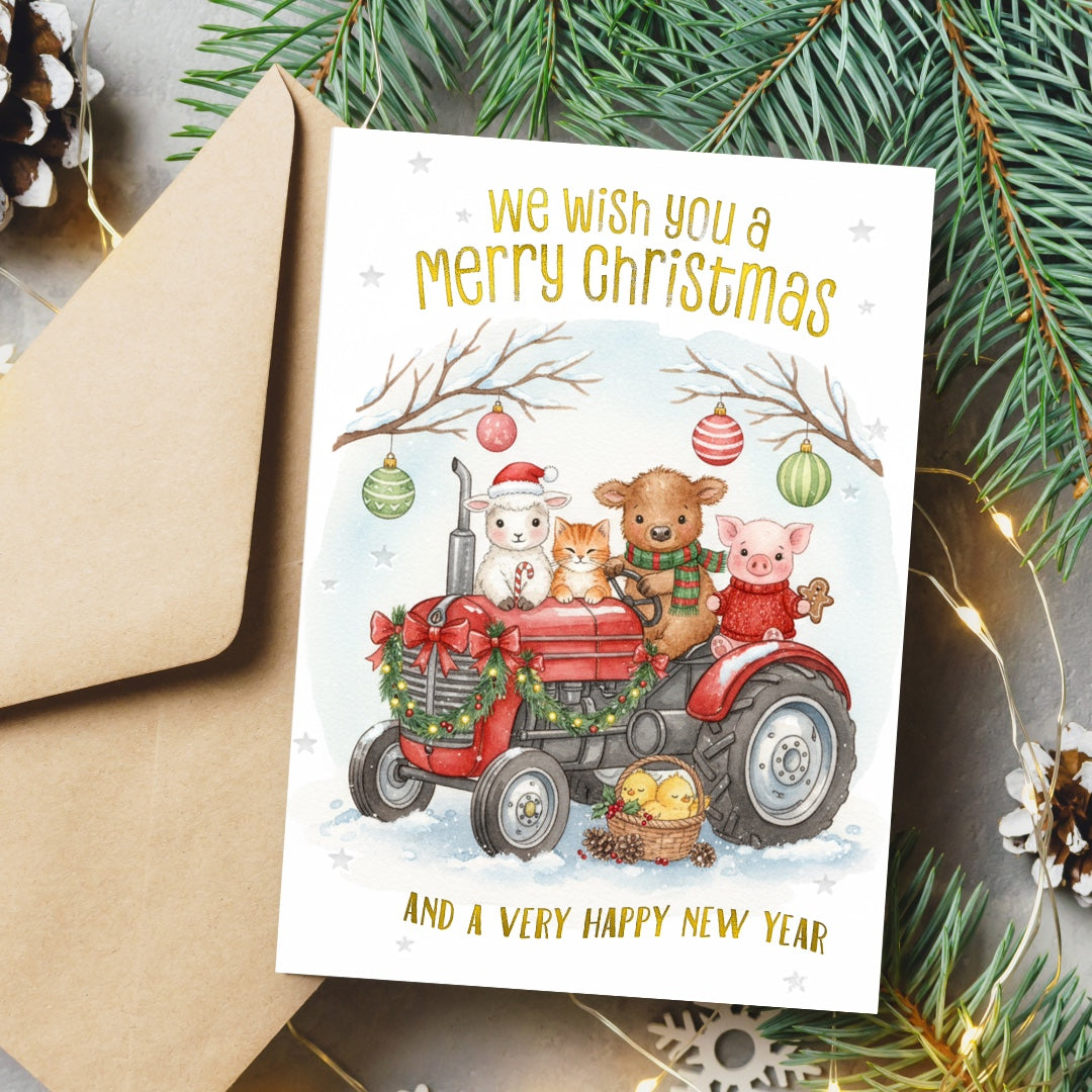 Christmas card with animals on a tractor and festive text, surrounded by Christmas decorations.