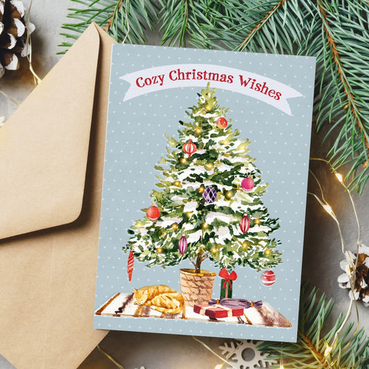 Christmas card with a decorated tree and 'Cozy Christmas Wishes' text, surrounded by festive elements.