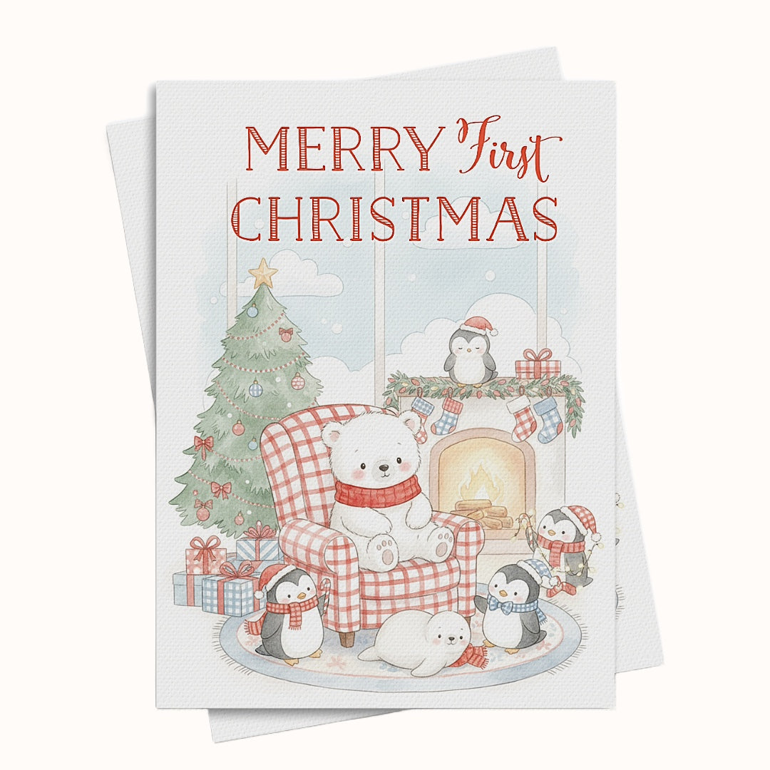 Merry First Christmas Polar Bear Penguins Greeting Card
