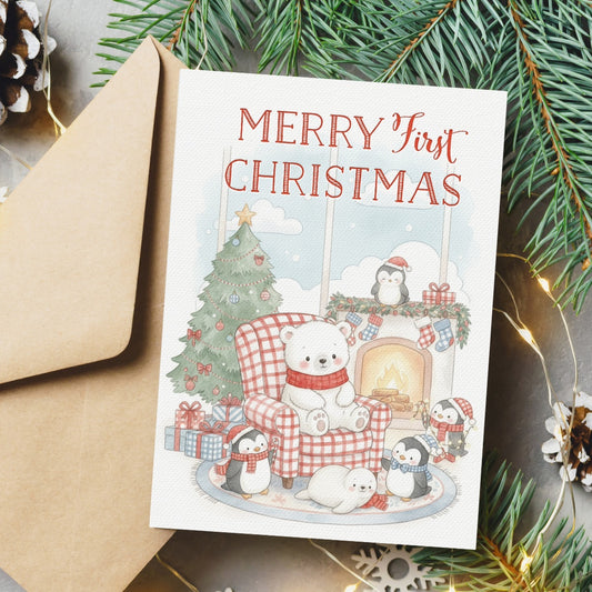 Merry First Christmas Polar Bear Penguins Greeting Card