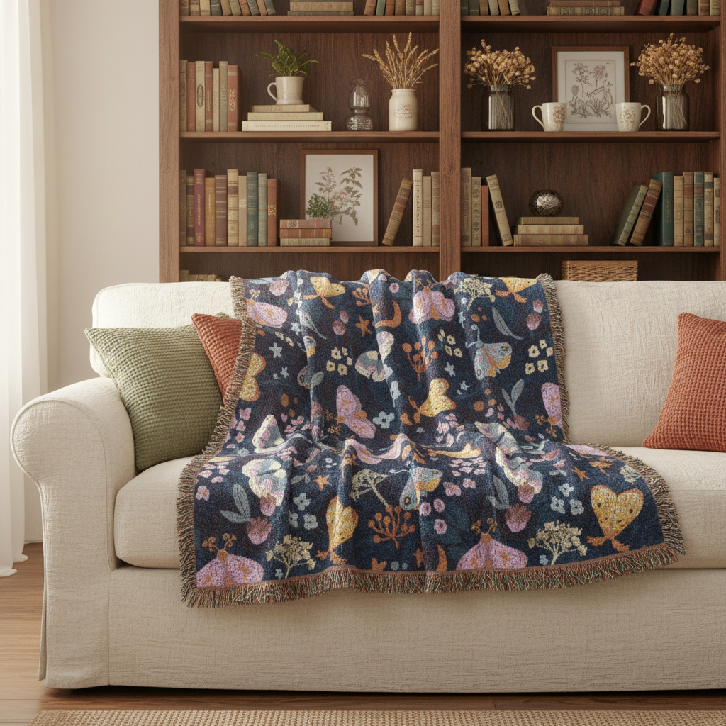 Moonlight Moth Garden Woven Cotton Blanket and Throw
