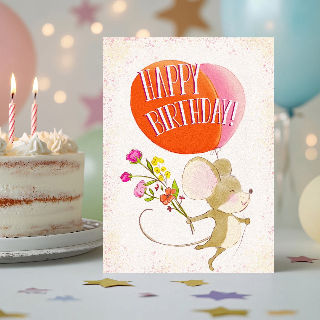 Little Mouse with flowers birthday greeting card