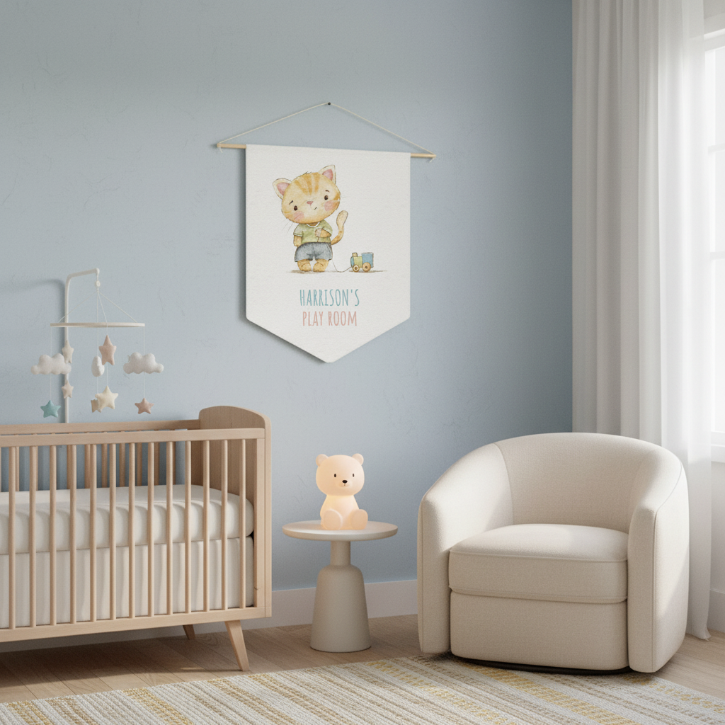 Custom Nursery Wall art with Name and cute kitten playing with toy engine