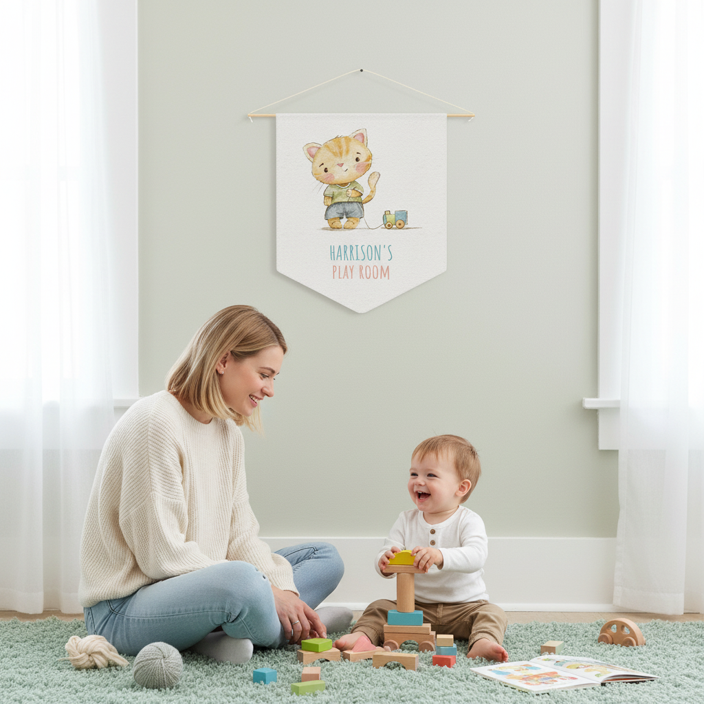 Custom Nursery Wall art with Name and cute kitten playing with toy engine