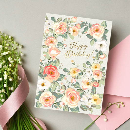 Peach Rose Garden Birthday Card