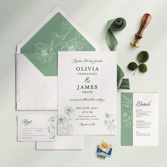 Wildflower Botanical Sage Wedding Invitation