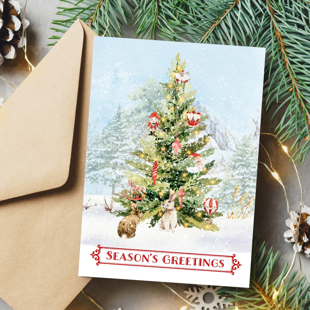 Snowy Christmas Tree and Bunnies Greeting Card