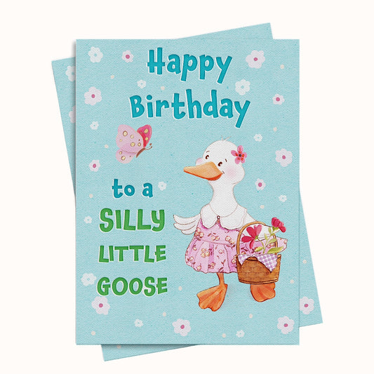 Birthday card with a cute silly goose in a pretty dress with flower basket on a light blue background