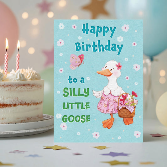 Birthday card with a cartoon goose and cake in the background