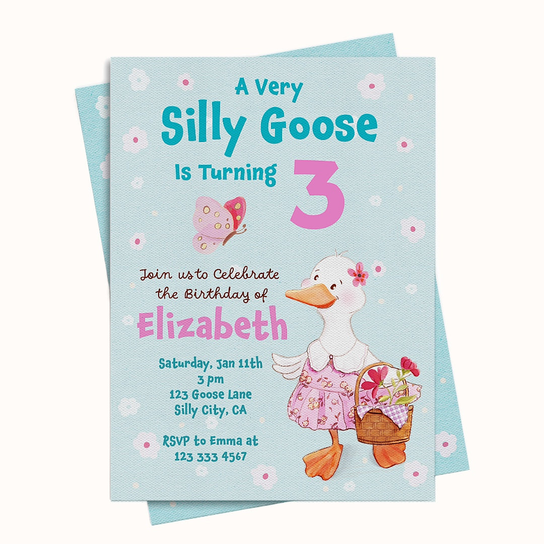 Birthday invitation card with a duck design on a light blue background