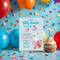 Load image into Gallery viewer, Birthday invitation card with a duck design, balloons, and a cupcake on a blue background.
