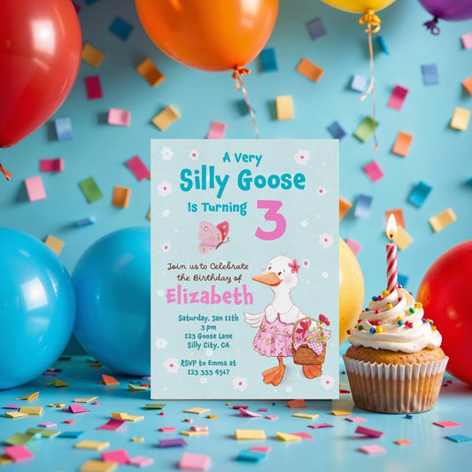 Birthday invitation card with a duck design, balloons, and a cupcake on a blue background.