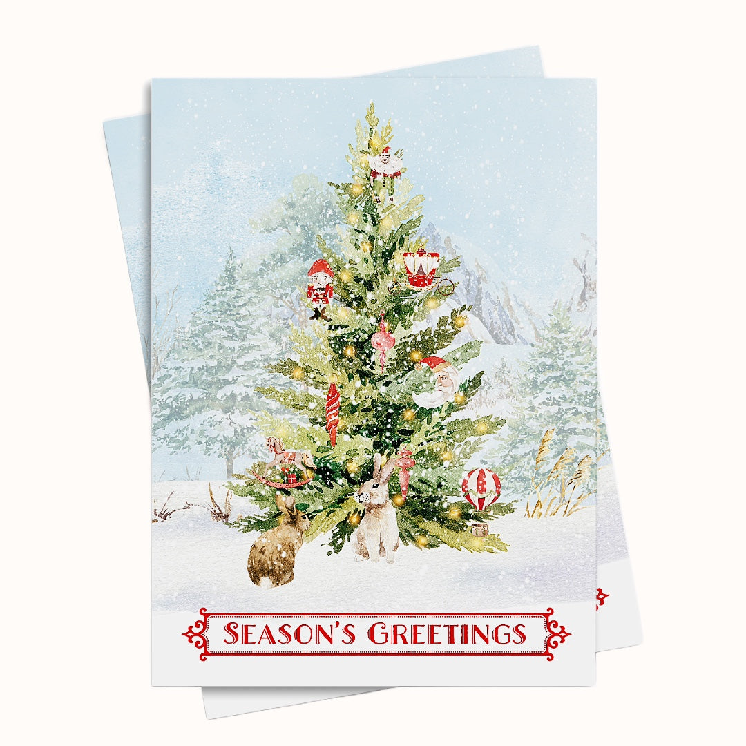 Snowy Christmas Tree and Bunnies Greeting Card