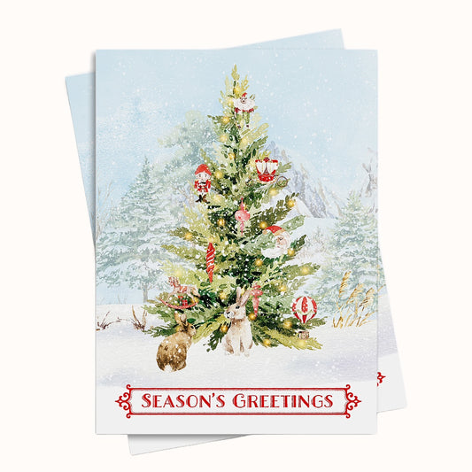 Snowy Christmas Tree and Bunnies Greeting Card
