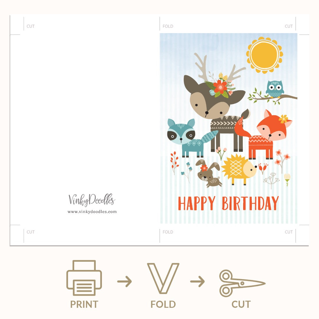 Tiny woodland animals birthday greeting card