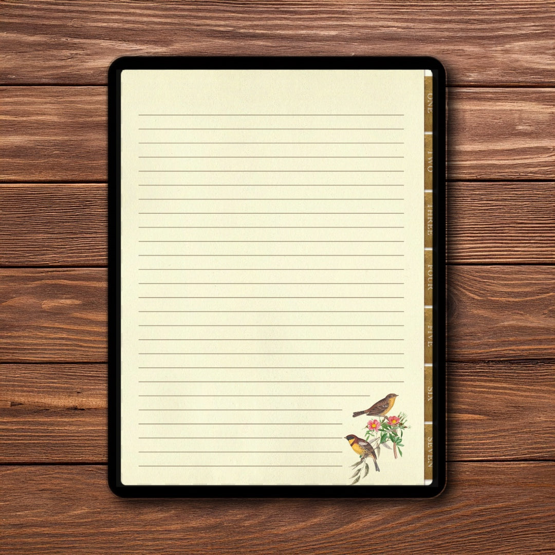 Victorian Era Inspired Vintage Digital Notebook and Planner with floral and bird illustrations