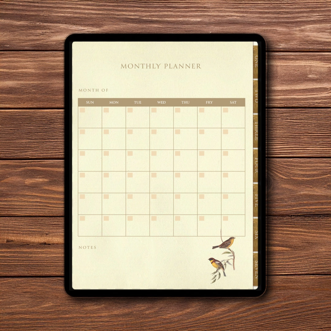 Victorian Era Inspired Vintage Digital Notebook and Planner with floral and bird illustrations