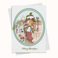 Load image into Gallery viewer, A Christmas greeting card with a vintage-style illustration of a rabbit in a stocking, surrounded by holiday decorations, with the text 'Merry Christmas' at the bottom. The card is shown with a matching envelope behind it on a light background.
