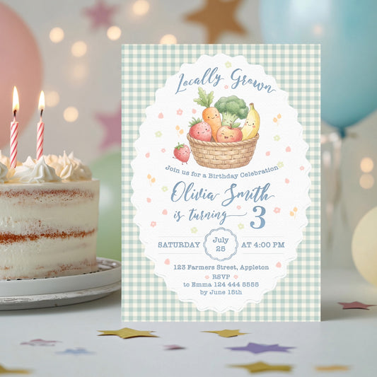 Birthday invitation card with vegetables and a cake in the background