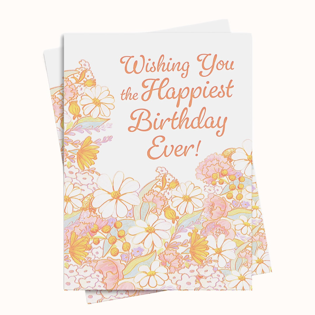 Birthday card with floral design and text 'Wishing You the Happiest Birthday Ever!' on a white background